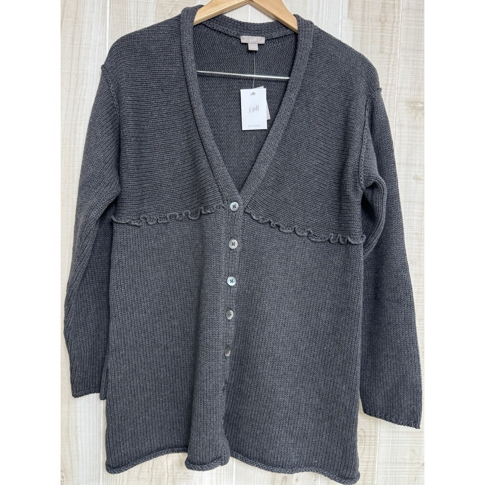 NWT J. Jill Knit Sweater Cardigan S Cotton Charcoal Gray Minimalist Grandmacore